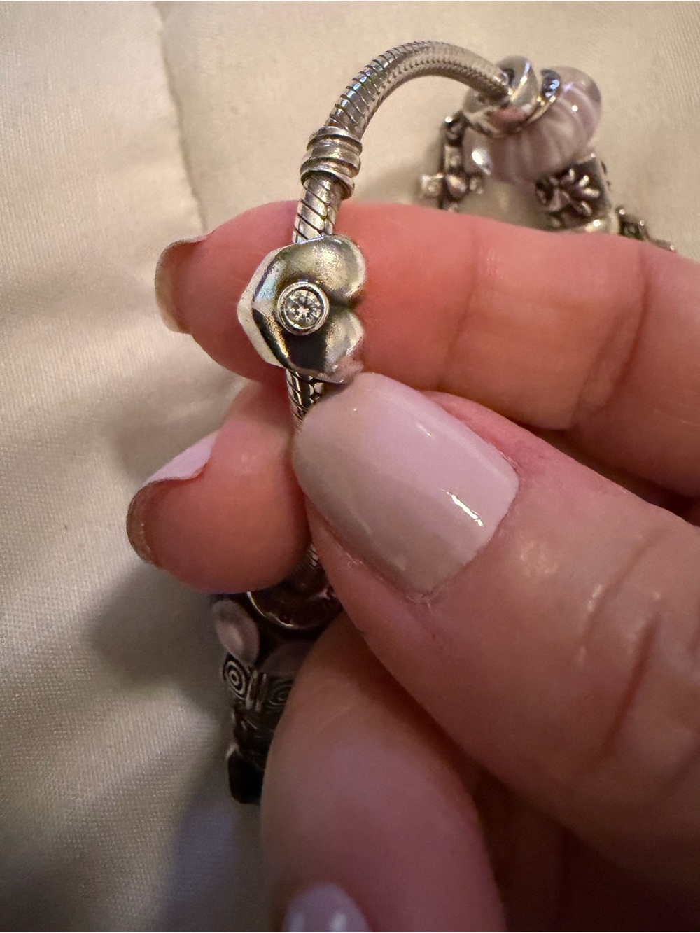 Pandora Sterling Silver Bracelet with Pink and Mauve Murano Glass and Charms - Picture 3 of 11